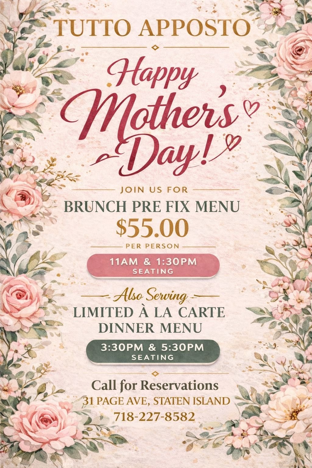 Mother's Day Brunch Menu at Tutto Apposto Staten Island