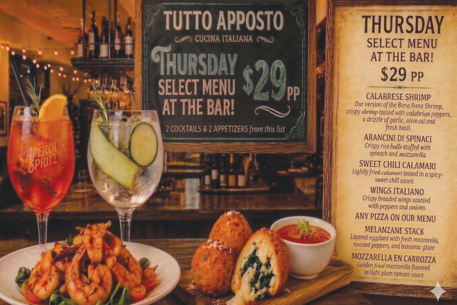 Tutto Apposto 4x6 postcard thursday select menu 2026 socials