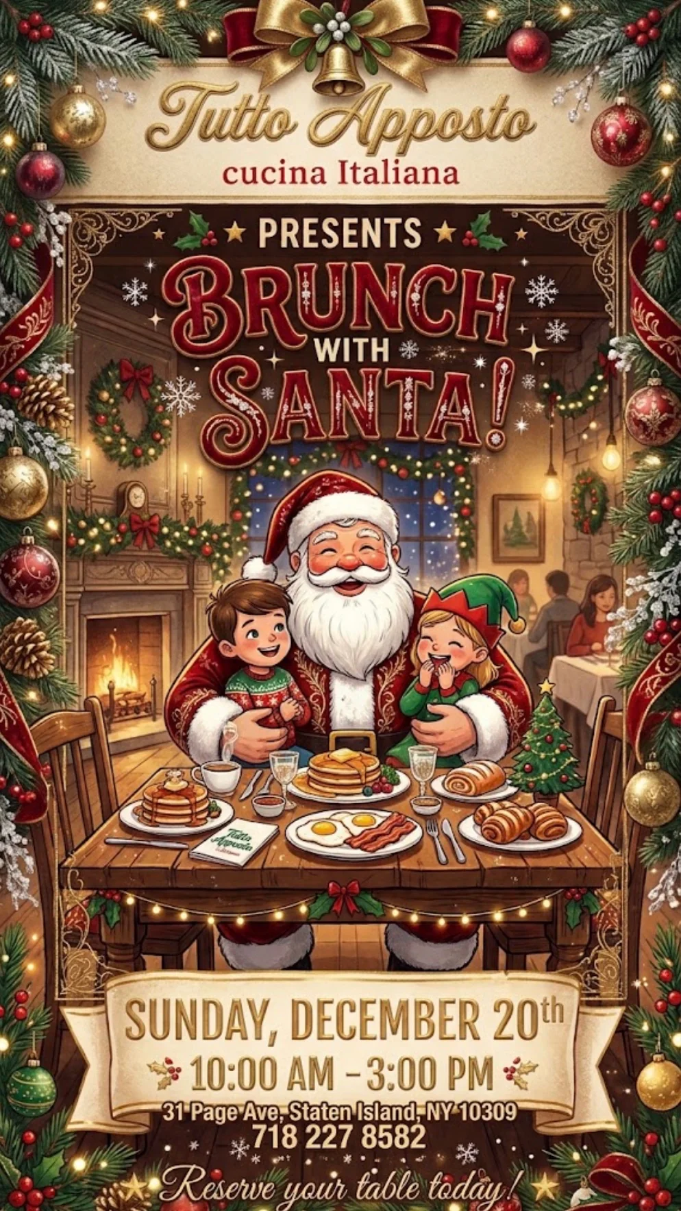 Brunch with Santa on Sunday, December 20, 10 AM to 3 PM at Tutto Apposto, Italian restaurant at 31 Page Ave in Staten Island, NY