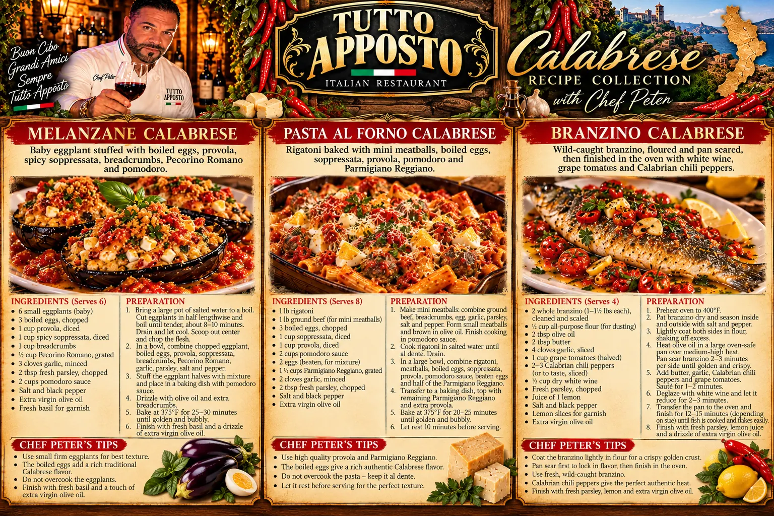 Calabrese Recipe Collection with Chef Peter flyer from Tutto Apposto, Italian restaurant in Staten Island, NY