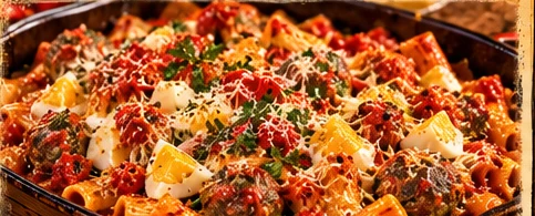 Pasta al Forno Calabrese, rigatoni baked with mini meatballs, boiled eggs and provola, a Chef Peter recipe from Tutto Apposto in Staten Island
